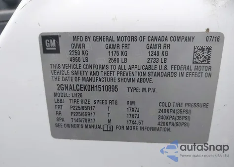 2017 Chevrolet Equinox Lt z USA, uszkodzony, nr VIN 2GNALCEK0H1510895